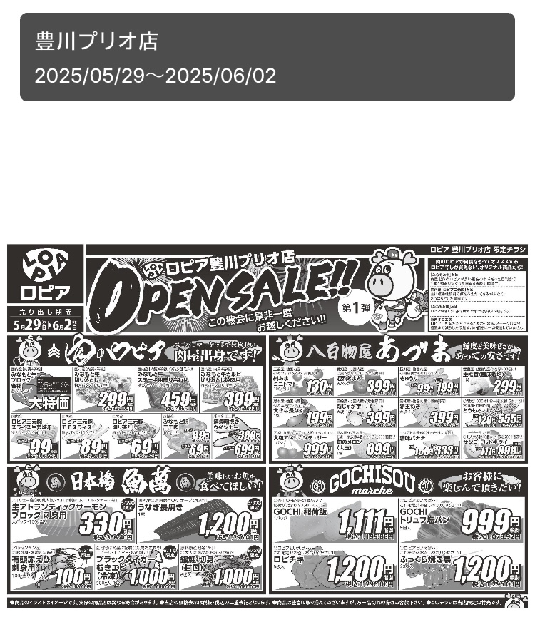 2025年5月29日にオープンした、ロピア豊川プリオ店( 愛知県 )のオープンセール第1弾のチラシ表面