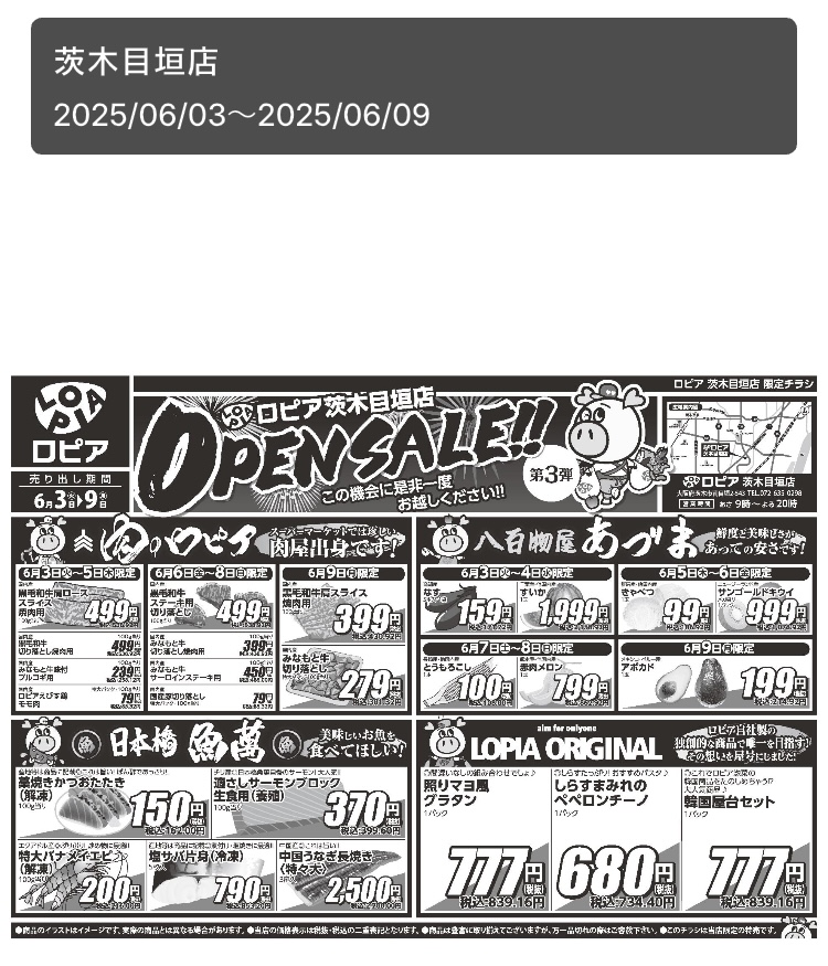 2025年5月26日にオープンした、ロピア茨木目垣店( 大阪府 )のオープンセール第3弾のチラシ表面