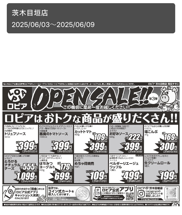 2025年5月26日にオープンした、ロピア茨木目垣店( 大阪府 )のオープンセール第3弾のチラシ裏面