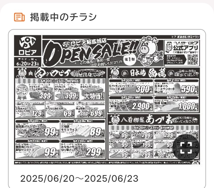 ロピアの公式アプリ「ロピタ」の掲載中のチラシの画面の写真