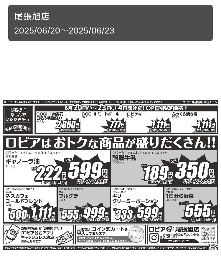 ロピアの公式アプリ「ロピタ」のチラシの画面裏面の写真