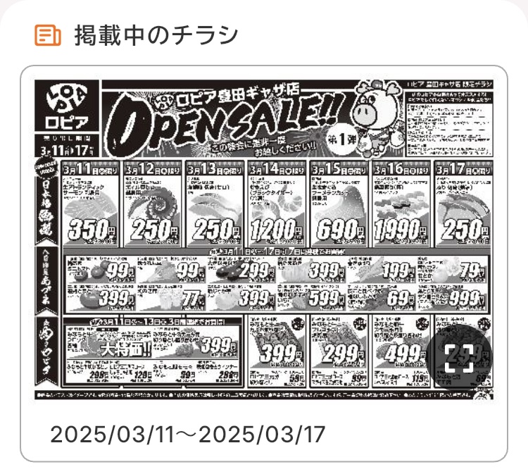 ロピアの公式アプリ「ロピタ」の掲載中のチラシの画面の写真
